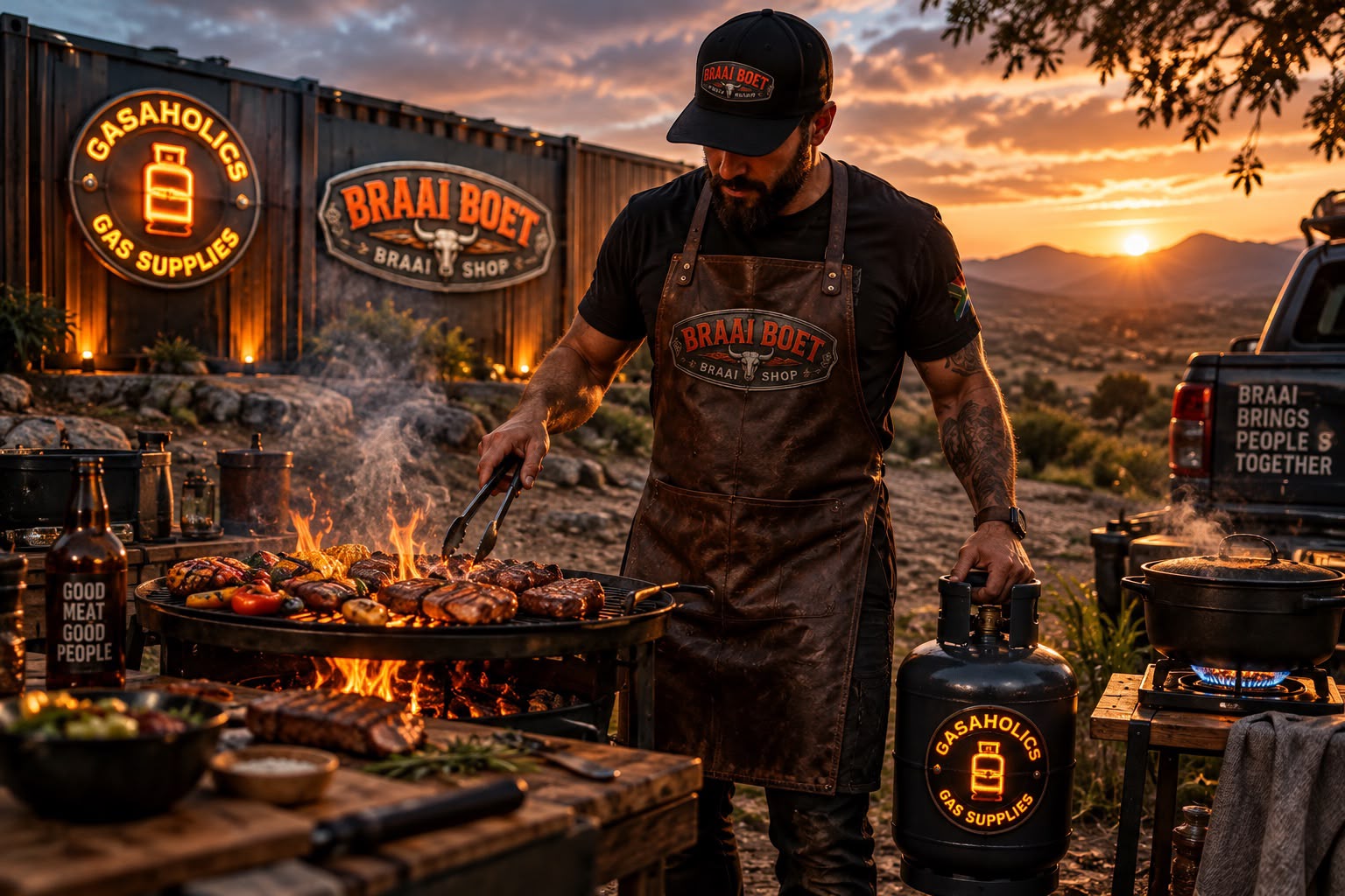 Braai Boet braaimaster at the fire with a Gasaholics cylinder at sunset