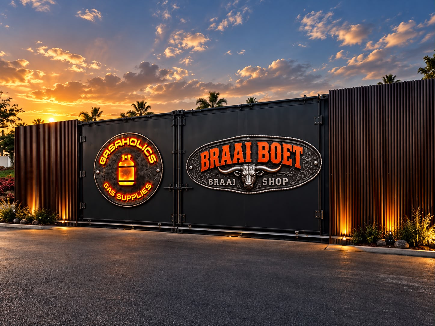Braai Boet and Gasaholics illuminated container store at night